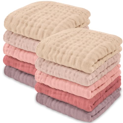 Comfy Cubs Muslin Baby Washcloths 10 Pack - Soft 6-Layer Cotton Wash Cloths for Sensitive Skin - 10"x10" Large, Gentle, Absorbent Infant Essentials for Newborn and Toddlers - (Multi Girl)