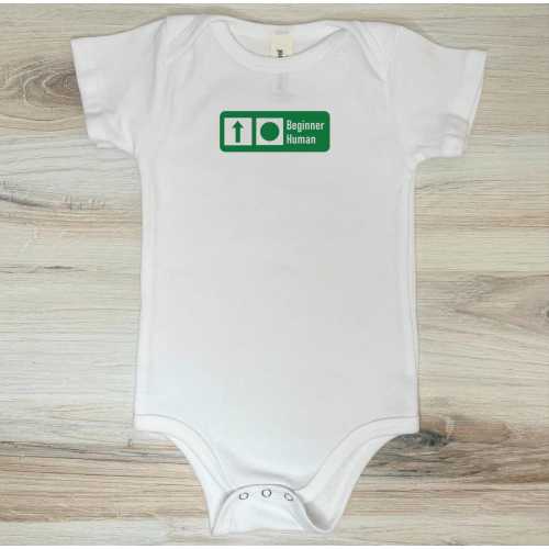 BABY Ski/Snowboard Short Sleeve Bodysuit - "Beginner Human" Green Circle Trail Sign Organic Cotton Short Sleeve Bodysuit