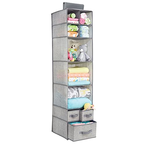 mDesign Fabric Hanging Organizer - Over Closet Rod Storage - 7 Shelves/3 Removable Drawers for Baby Nursery Bedroom Organization - Hold Clothes, Linens, Toys, Accessories - Lido Collection - Gray