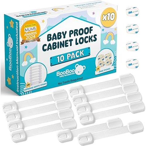 Booboo® (10 Pack) Premium Child Safety Cupboard Door Strap Locks | Baby Proof Your Cabinets with No Trapped Fingers | Extra Easy Installation, No Tools Needed