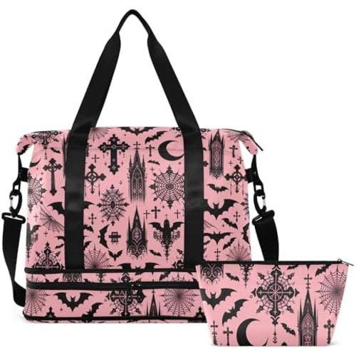 Travel Duffel Tote Bag Black Gothic Moon Spider Webs and Bats Sports Duffel Bag with Wet Pocket Weekender Overnight Bag for Women Men Gym Bag, Carry On Bag Hospital Bag for Labor and Delivery