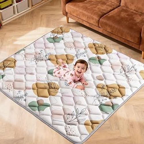 59x59IN Baby Play Mat - Tummy Time Mat for Babies 6-12 Months - Non-Slip Safe Crawling Mat for Indoor & Outdoor - Soft Foam Foldable Cushion Babycare Playmat for Kids Playpen & Machine Washable, Boho