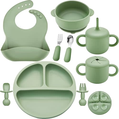 Bufims Silicone Baby Feeding Set, Baby Led Weaning Supplies, Eating Essentials Utensils with Suction Plate and Bowl, Pocket Bib, Sippy Cup with Lid, Forks Spoons Snack Container, for 6+ Months, Green