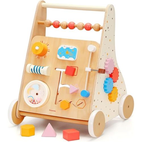 Wooden Baby Walker, Baby Push Walker with Montessori-Inspired Activity Center, Brake-Assisted Push Toy, Baby Walker with Wheels for Toddlers 12m+