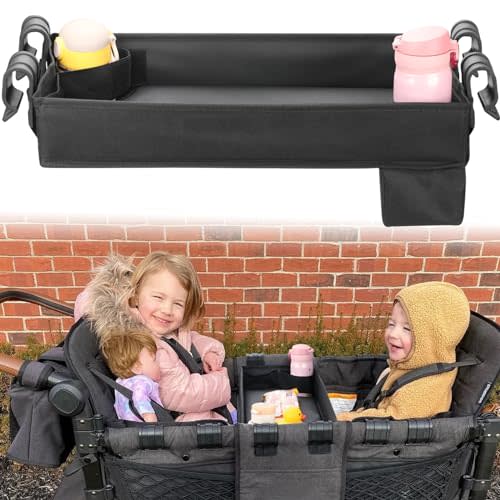 Upgraded Stroller Snack Tray for Wonderfold Wagon W2 Series - Kids Toy Placement - Faux Leather Sides - Easy to Clean - Deeper Cup Holder - Reinforced Sides