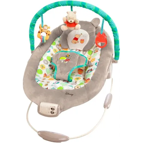 Bright Starts Disney Baby Winnie The Pooh Baby Bouncer Soothing Vibrations Deluxe Infant Seat - Faux Suede, Music, Removable -Toy Bar, 0-6 Months 6-20 lbs (Dots & Hunny Pots)
