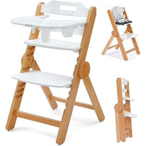 Ezebaby Wooden High Chair Grow with Your Child, Foldable Baby High Chairs with Adjustable Seat and Footrest Heights, High Chair for Babies and Toddlers with Cushion and Large Double Layer Tray(White)