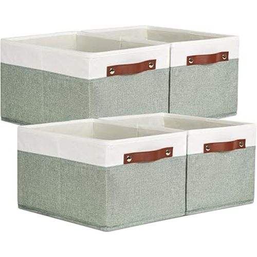 Temary Storage Bins Storage Baskets 4Pack Fabric Storage Bins for Shelves with Dual Leather Handles Canvas Storage Boxes for Organizing Home, Shelf, Closet (White&Green)
