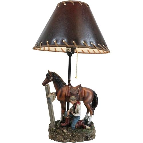 Ebros Gift Rustic Western Cowboy by Chestnut Horse Kneeling at The Foot of The Cross Praying Desktop Table Lamp with Brown Laced Shade Country Western Rustic Home Decor Accent