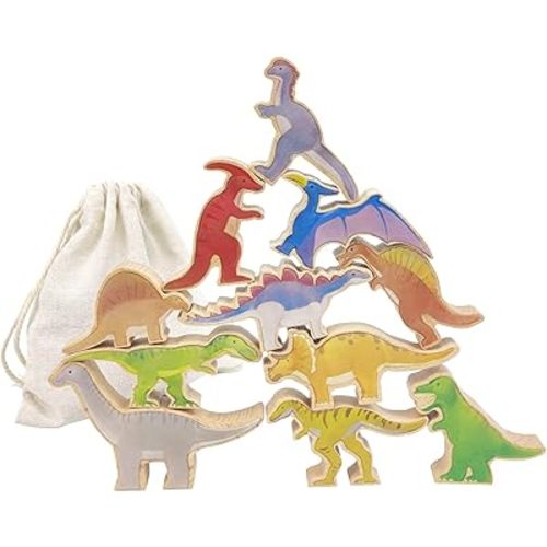 Xylolin Wooden Dinosaur Blocks Stacking and Balancing Toys, Toddler Wood Dinosaur Figures Blocks Imaginative Play, Preschool Educational Toys Gifts and Stack Balance Games for Kids