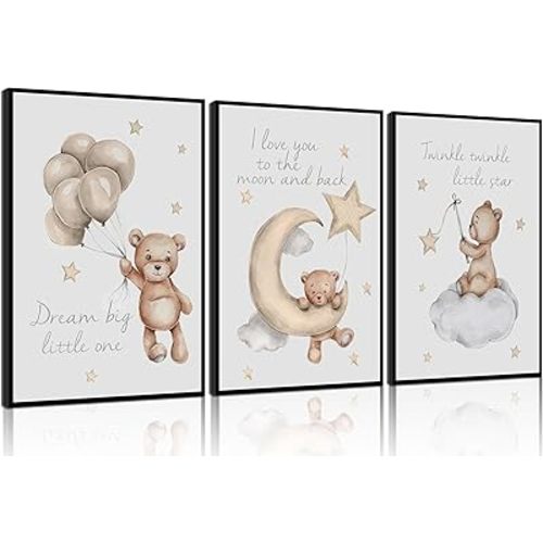 3Pcs Nursery Teddy Bear Wall Art Cute Little Bears Wall Decor Slepping Teddy Bears Posters Prints Moon Star Cloud Neutral Nursery Canvas Pictures for Kid's Room or Bedroom Painting Unframed