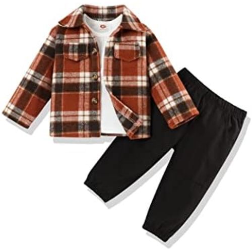 3Pcs Toddler Baby Boy Outfits Plaid Flannel Shirt+T Shirts+Pants 6M-5T