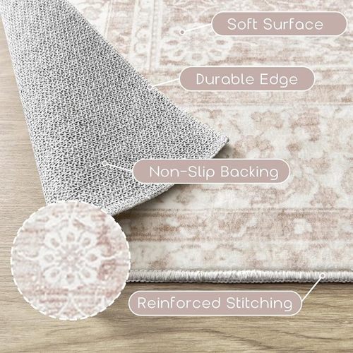 Light Pink Bedroom Rugs 6x9 Vintage Distressed Aesthetic Cute Boho Floral Feminine Low Pile Soft Carpet Machine Washable Stain Resistant Area Rugs for Kids Room Nursery Playroom Office 6 x 9