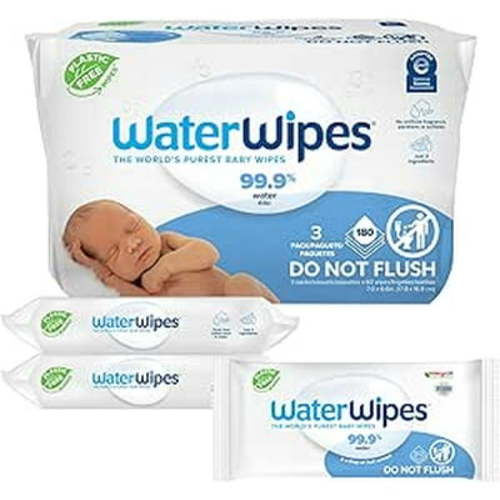 WaterWipes Plastic-Free Original Baby Wipes, 99.9% Water Based Wipes, Unscented & Hypoallergenic for Sensitive Skin, 180 Count (3 packs), Packaging May Vary