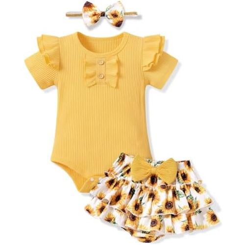 HONGTEYA Infant Baby Girl Clothes Newborn Summer Outfits Cute Romper Shorts Set Floral Girl Clothes with Headband