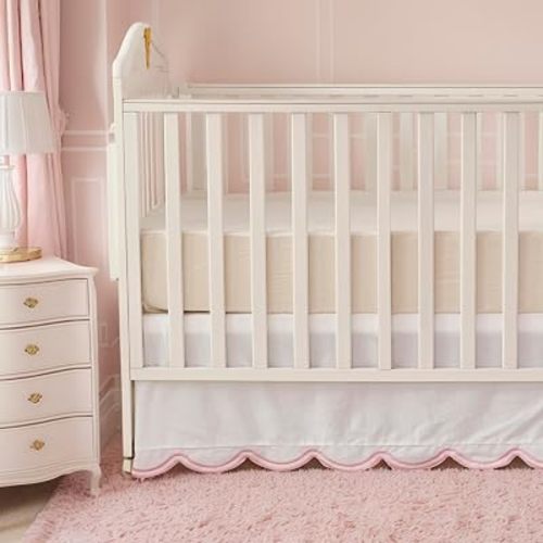 Brandream Organic Cotton Crib Skirt for Baby Girl & Boy, Delicate Pink Embroidered Scalloped Edge Crib Dust Ruffle Toddler Bedskirt, Soft Breathable Nursery Bedding, Fits Standard Cribs & Toddler Bed