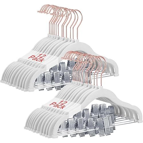 Baby Hangers with Clips, 24 Packs Kids Velvet Clothes Hangers, Heavy-Duty Childrens Pant Hangers for Shirts, Pants, Skirts, Dresses, Jackets, Coat White - Rose Gold Hook