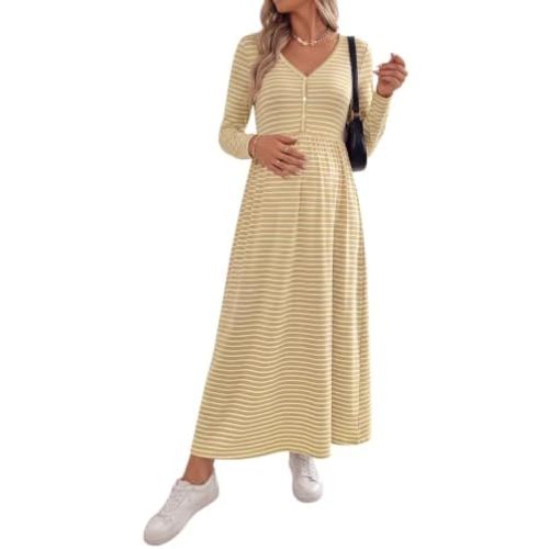 BLENCOT Maternity Dress V Neck Long Sleeve Striped Button Down Maxi Dresses