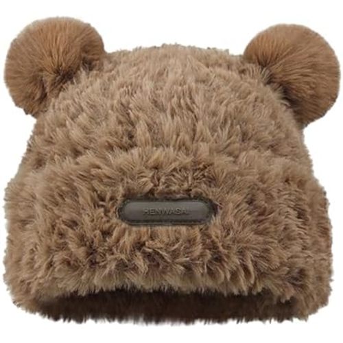 Cute Fuzzy Bear Ears Beanie Hat for Women Furry Beanie with Pom Pom Winter Warm Knitted Hat Bear Costume Accessories