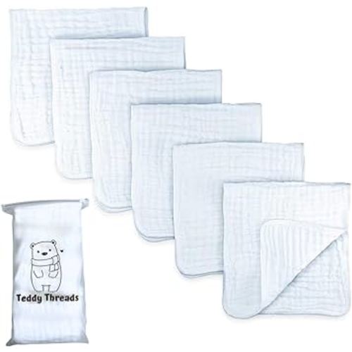 Organic Cotton Muslin Burp Cloths Large 20"x10" 6-Pack, White Burping Cloths for Babies - 100% Washcloths, Newborn Spit Rags, Ultra-Soft, Absorbent, Breathable, No Dye