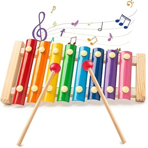 LovesTown Wooden Xylophone Musical Toy, 8 Rainbow Keys, 2 Mallets, Educational Instrument for Toddlers