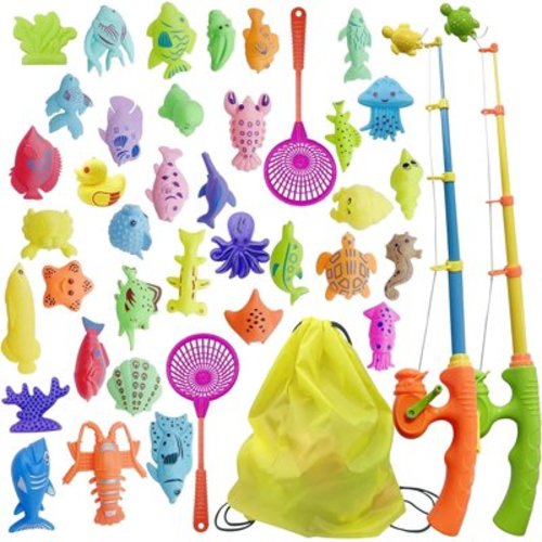 Rirool Magnetic Fishing Game Toy for Kids - 40PCS Ocean Animals, 2 Rods & Nets - Bath, Pool, Floor Play, STEM Learning Toy for Toddlers Preschool