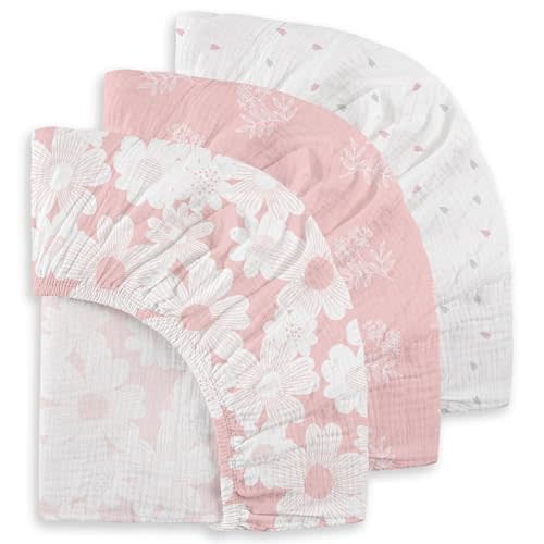 Gllquen Baby Muslin Mini Crib Sheets 3 Pack, Breathable Pack and Play Sheets Fitted Soft Cozy Cotton Pack N Play Sheets for Baby Boy Girls, Universal Fitted Mini Crib Mattresses 38"X26" (Pink)