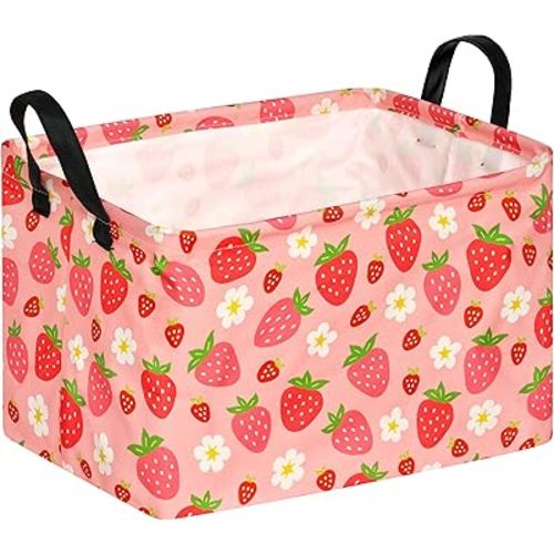KUNRO Rectang Storage Basket Gift Shelf Basket Storage Bin, Nursery Basket Organizer Box for With Handles for Room Deco (Strawberry)