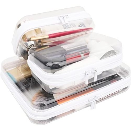 Veki Clear Zipper Pouches, 3PCS Transparent Pouch with Double Zipper, Hard Shell Makeup Travel Case, Make up Storage Organizer, Hard Sided Plastic Zippered Cases for Women (White, 3PCS(L+S+S))