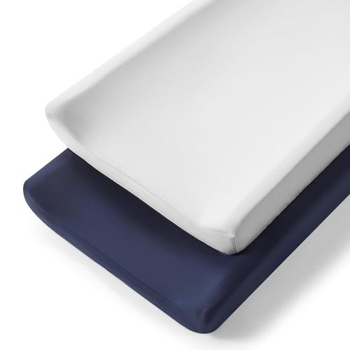 TILLYOU Changing Pad Cover Set in Soft Jersey Material - Fits 32"/34''x16 Contoured Pad for Babies, Navy Blue & Lt Gray