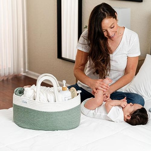 Comfy Cubs Diaper Caddy Organizer- Large Portable Baby Diaper Caddy Nursery Storage Bin and Car Travel Basket - Tote Bag with Dividers for Diapers & Wipes, Sage