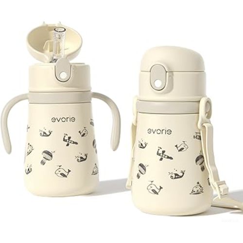 Evorie Leak Proof Vacuum Insulated Water Bottle, 316L Stainless Steel Sippy Cup for Toddlers, 11 oz Straw Cup with Handle & Adjustable Strap, Keeps Drinks Warm or Cold (Travel in Space)