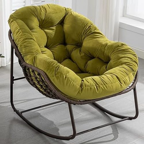 Outdoor Papasan Rocking Chair - Oversized Comfy Patio Chair Indoor Egg Royal Rattan Rocking Chair with Cushion for Front Porch Lounge Lawn Bedroom Living Room (Green Velvet)