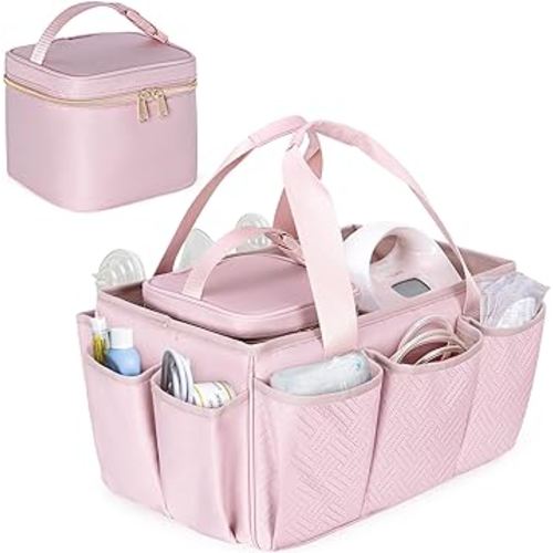 Fasrom Breast Pump Caddy Organizer Bag with Cooler Compatible with Spectra S1 and S2, Pumping Tote Bag Baby Diaper Storage Basket to Hold Pump Parts and Baby Items, Pink (Patent Design)