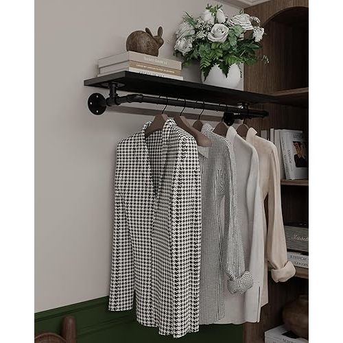 Black Clothes Rack 36in, Wall Mounted Garment Rack with Black Real Wood Shelf, Heavy Duty Hanging Clothes Rack, Multi-Purpose Hanging Rod, Space-Saving Closet Storage (1T36in)