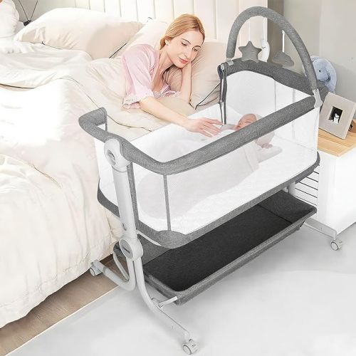 Cowiewie Baby Bassinet 4-Sided Mesh Bedside Sleeper with Wheels for Infant/Newborn Foldable Adjustable Height Portable Crib Grey Steel Frame Oxford Cloth