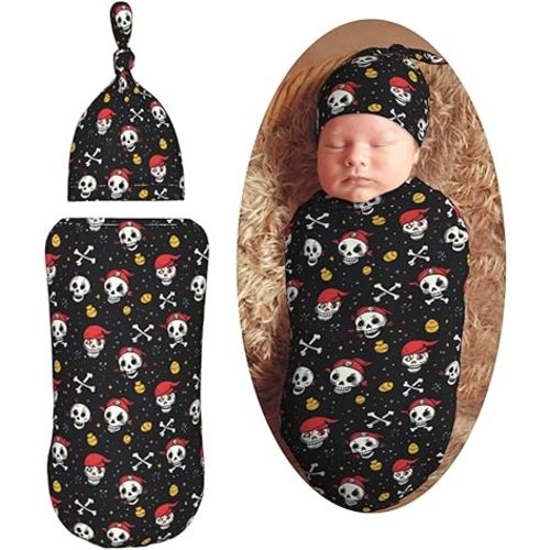 Pirate Skull Newborn Swaddle Blankets Hat Sets Soft Baby Receiving Blanket Swaddle Sack for Baby Shower Infant Boy Girl Gift