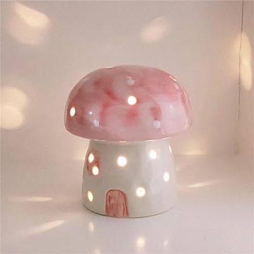 Hollowed Mushroom Lamp Small Bedside Table Lamp, Cute Ceramic Mushroom Night Light, Unique Nightstand Desk Lamp Nursery Decor Cottagecore Gifts (Pink)