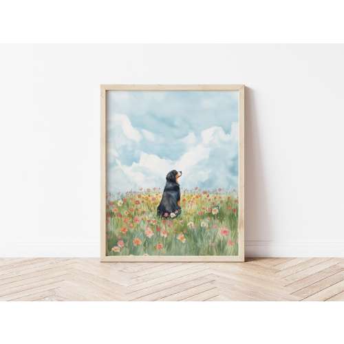 Watercolor Bernese Mountain Dog in Flower Field Wall Art Dog Wildflower Wall Art Animal Nature Poster Berner Decor Berner Mom Gift