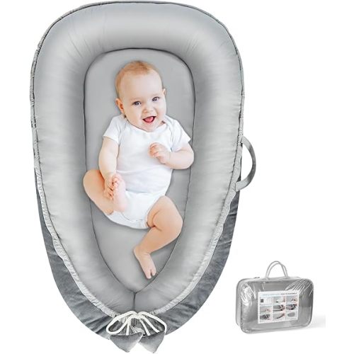 Baby Lounger - Baby Lounger for Newborn 0-24 Months, Breathable & Soft Cotton and Velvet Cover Co Sleeping Baby Nest, Baby Essentials & Shower Gifts, Portable Infant Lounger for Home and Travel