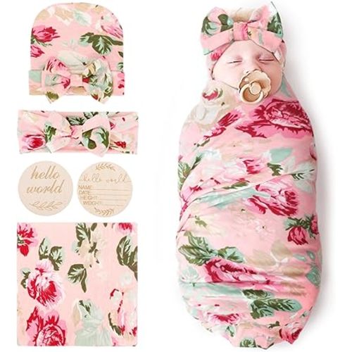 DRESHOW BQUBO Baby Girl Newborn Floral Receiving Blankets with Bow Hat Headband Wooden Birth Announcement Card Set Newborn Baby Swaddling Hats Sleepsack Toddler Warm Shower Gift