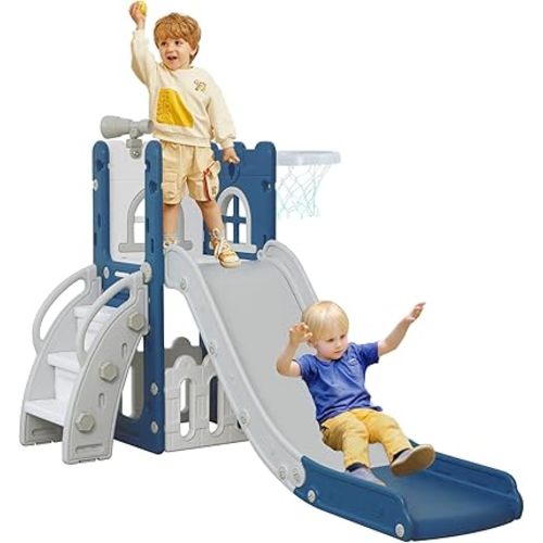 6 in 1 Toddler Slide for Toddler Age 1-3,Kids Climber Slider for Indoor Outdoor Playground with Basketball Hoop,Storage and Telescope,L Shaped Slide for Toddler Climber Playset