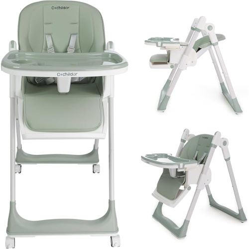 Cochildor 3-in-1 Foldable High Chair for Babies & Toddlers – Adjustable Height, Reclining Seat, 5-Point Safety Harness, Removable Tray, Lockable Wheels, Washable Cushion – Portable & Easy Clean, Green