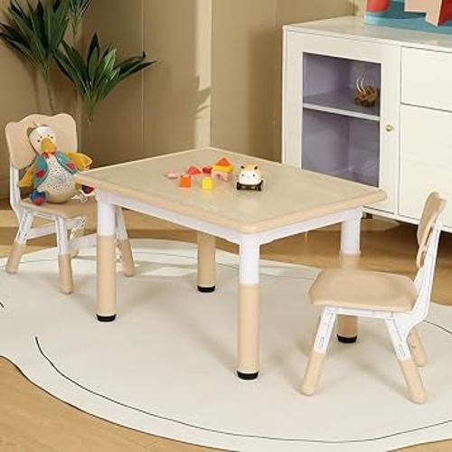 Kids Table and 2 Chair Set, Toddler Table and Chair Set Height Adjustable, 31.5''L x 23.6''W Multifunctional Toddler Table for Reading, Drawing, Eating, for Girls & Boys Age 2-10, Burlywood