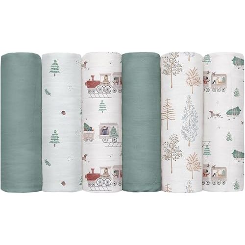 GLLQUEN BABY Receiving Blanket Boy Cotton Muslin Swaddle Blankets Girl Newborn Squares Breathable & Soft Thin Baby Blankets Cloths Double Absorbent Infant Swaddling Wrap - 6 Pack (Pine Tree & Train)