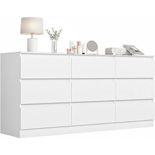 White 9 Drawer Dresser for Bedroom,Modern Deep Drawer Dresser with No-Handle Design,Wide Storage Chest of Drawers,Wood Bedroom Storage Organizer Furniture for Closet,Hallway