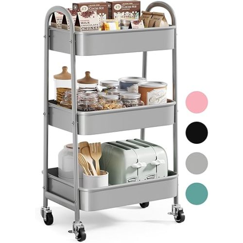 Gray 3 Tier Rolling Cart Organizer on Wheels, Sturdy Metal Mesh Organization Cart with Handle and Wheels, Three Tiered Storage Shelves Utility Cart for Kitchen, Living Room, Office, Easy Assembly