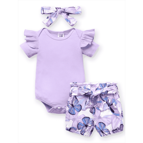 PatPat Baby Girl Outfit Sets Butterfly Print Shorts and Purple Bodysuit Headband Gift for Baby Girl 0-3 Months