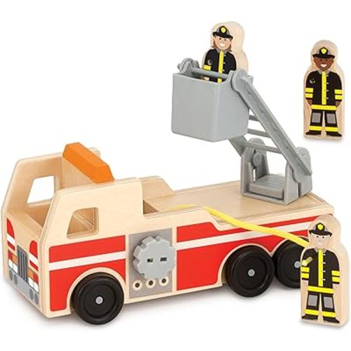 Melissa & Doug Wooden Fire Truck With 3 Firefighter Play Figures - Fire Truck Toys For Kids, Toddler Toy For Pretend Play, Classic Wooden Toys For Kids
