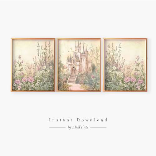 Castle Nursery Wall Art: Vintage Wildflower Girl Prints, Princess Baby Room Decor